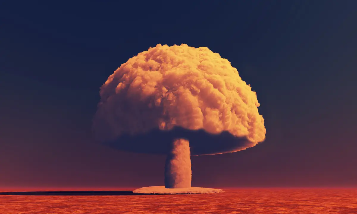 Computer generated image of a mushroom cloud of a nuclear bomb explosion.