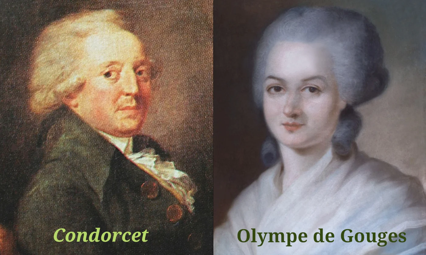 An image featuring portrait paintings of Marquis de Condorcet, French philosopher, and Olympe de Gouges, French playwright and activist.