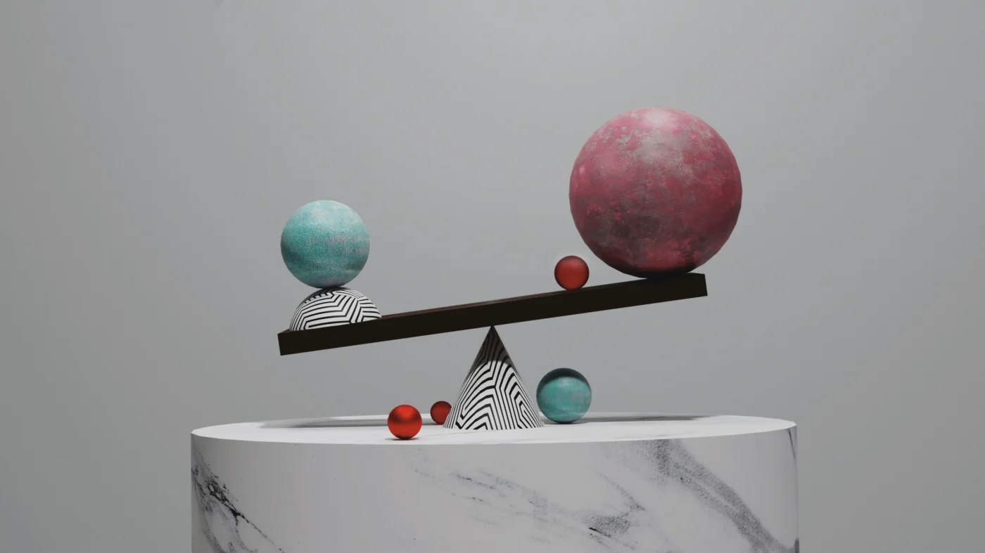 A 3D render of different-sized spheres balancing on a see-saw.