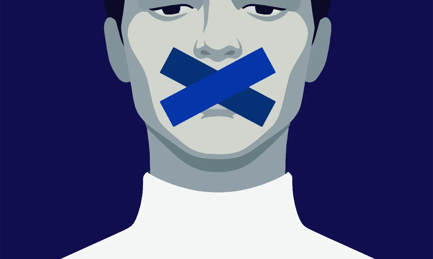 An illustration of a man silenced by two pieces of blue tape taped over his mouth.