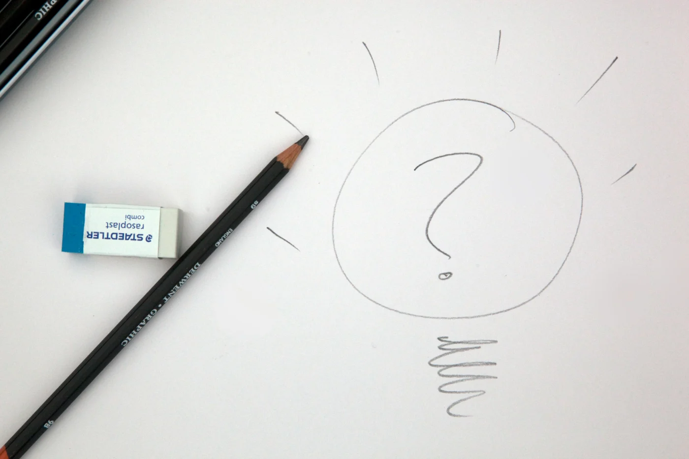 A pencil and eraser rest on a sheet of paper. A circled question mark is scrawled on the paper.
