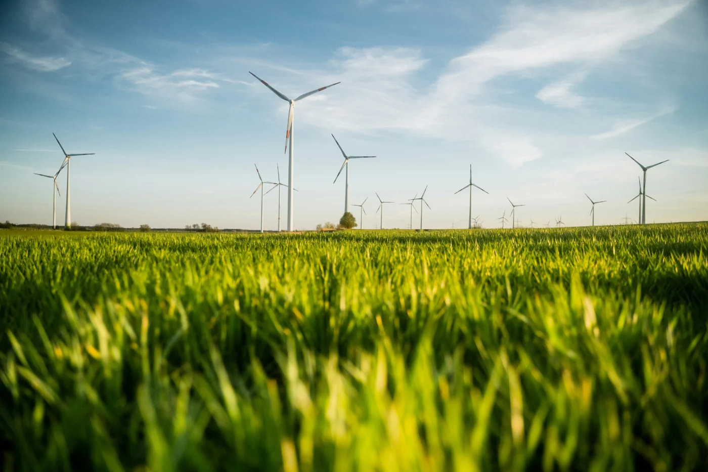 Wind turbines amongst green fields in Brandenburg, Germany.